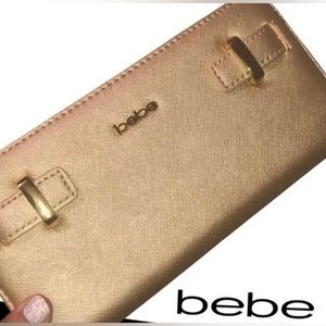Bebe Beige Gold-Tone Zip Around Wallet